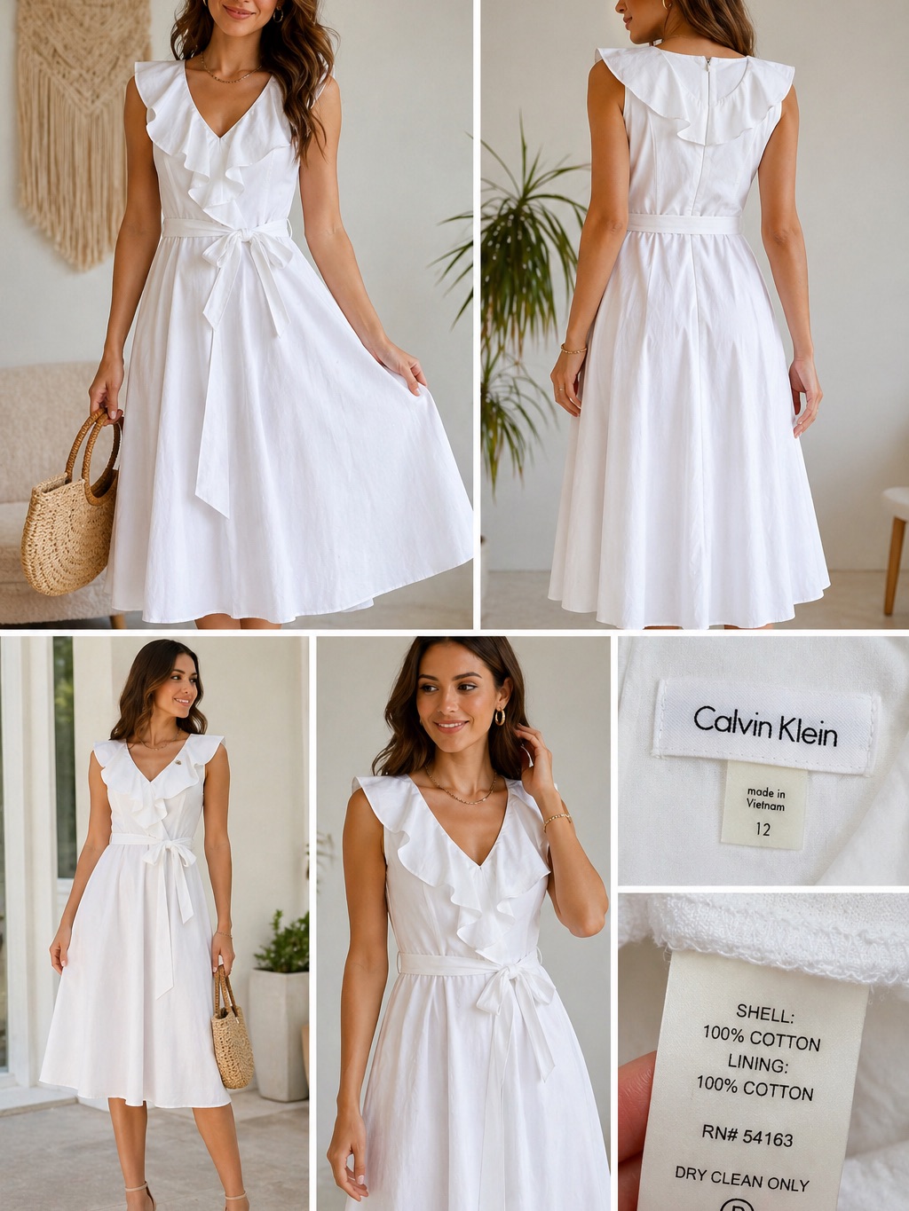 Calvin Klein White Ruffle V-Neck Tie-Waist Cotton Midi Dress